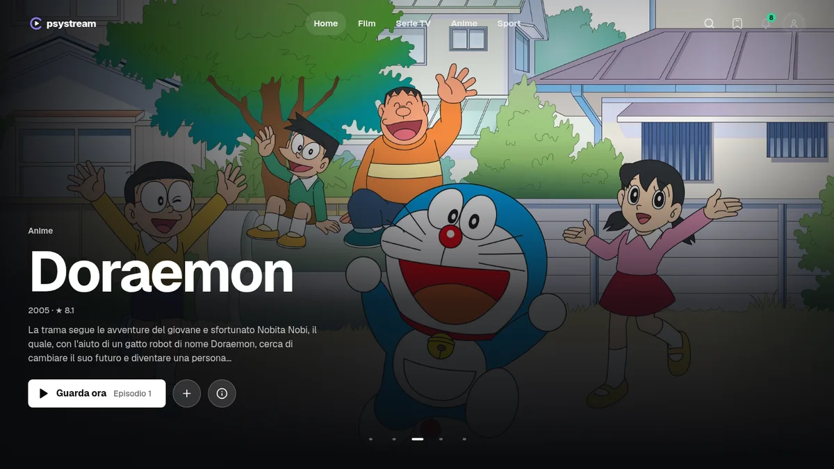 PsyStream’s public homepage: a cinematic anime feature and navigation for movies, series, anime and sport.