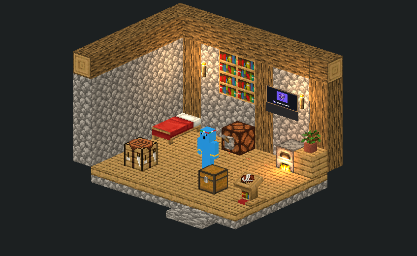 PsyMariux’s blue Minecraft character in a stone-and-wood developer workshop.